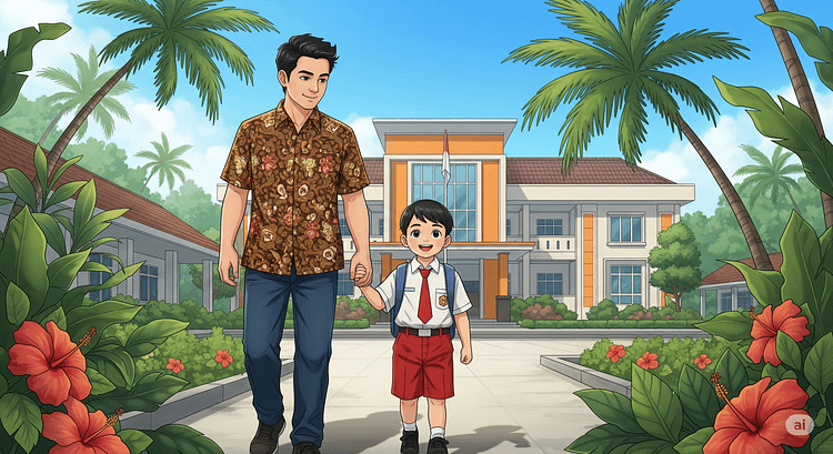 Ilustrasi ayah mengantarkan anak sekolah di hari pertamanya. (Dibuat oleh Gemini AI)